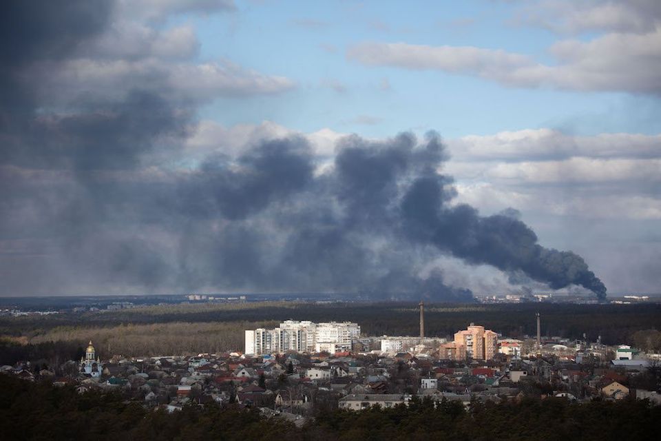 Smoke over Gostomel and Bucha, north east of Kyiv 