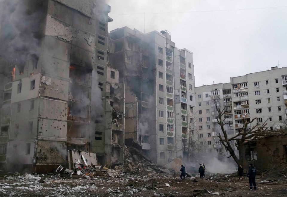 Destroyed civilian housing in Chernikiv in the first week of the Ukraine war. (Credit: AP / Getty Images)